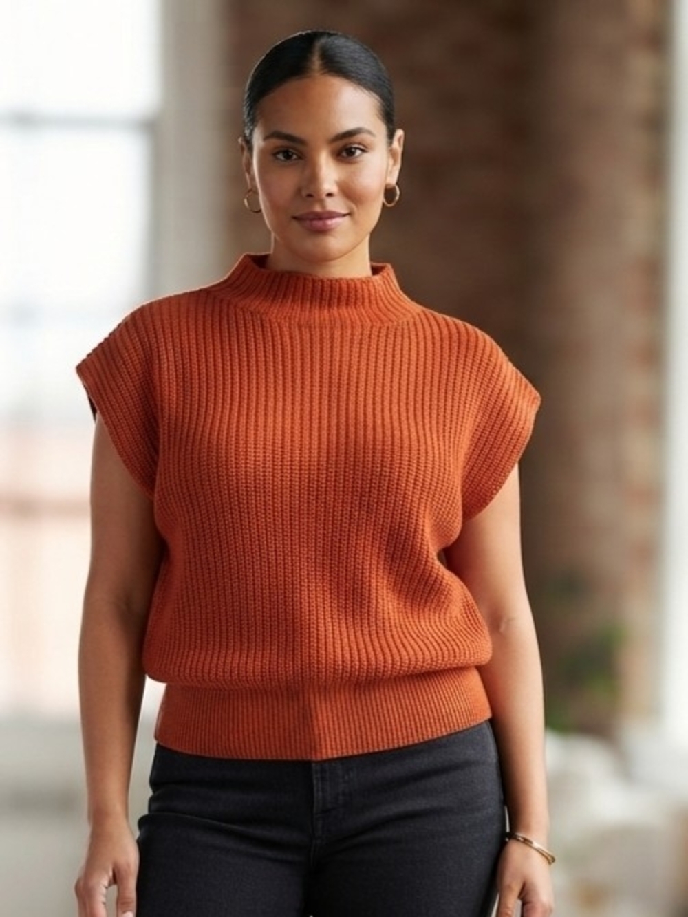 Babaton Ribbed Mock Neck Merino Wool Sweater In Burnt Orange Size Small